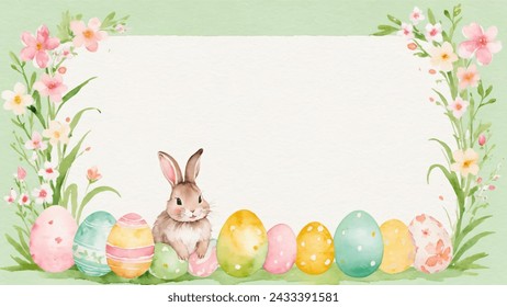 Happy easter card, watercolor vector of cute Easter rabbit, eggs, and spring flowers. Spring pastel colors illustration.