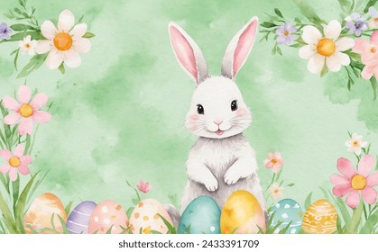 Happy easter card, watercolor vector of cute Easter rabbit, eggs, and spring flowers. Spring pastel colors illustration.