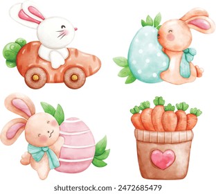 Happy easter card, watercolor vector of cute Easter rabbit, eggs.Spring pastel colors illustration.