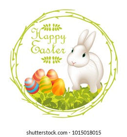 Happy Easter card with white bunny, painted eggs in the grass and wreath from twigs. Holiday colorful vector illustration isolated on white background, inscription "Happy Easter"