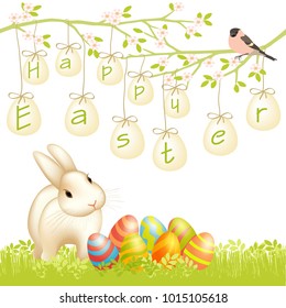 Happy Easter card with white bunny, painted eggs in the grass and tree branches with foliage and flowers. Holiday colorful vector illustration. inscription "Happy Easter"