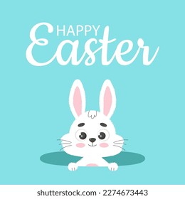 Happy Easter card. White bunny in hole. Square poster with lettering greetings. Trendy vector illustration.