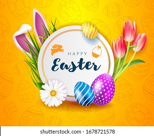 Happy Easter card with white egg frame with spring flowers, grass, easter eggs and bunny cartoon ears on yellow seamless background. Vector illustration Easter bunny.