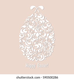Happy Easter card with white figure of curls. Egg with bow. Decoration template for greeting cards, invitations, interior decorative elements. Vector illustration.