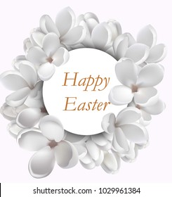 Happy Easter card with white lilac flowers Vector