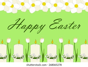 Happy Easter card with white narcissus, candles and tulips 