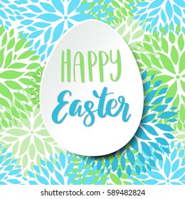 Happy Easter card. White paper egg and lettering phrase on floral seamless pattern