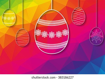 Happy Easter card with white perforated easter egg ornaments with shadow on rainbow low polygonal - triangular - background