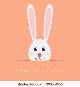 Happy Easter card. White rabbit with text isolated on background, flayer, brochure. Flat vector template for your design. Holiday illustration