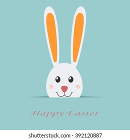 Happy Easter card. White rabbit with text isolated on blue background, flayer, brochure. Flat vector template for your design. Holiday illustration