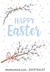 A Happy Easter Card with Willow Branches and a Pink Bow. Willow tree flowers in simple flat vector style.
