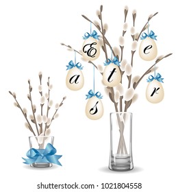 Happy Easter card with willow twigs and hanging eggs with inscription and bows. Willow branches bouquet in glass flower bowl. Vector illustration set isolated on white background.