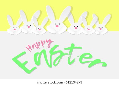 Happy Easter card with wishes and bunnies. Vector illustration.