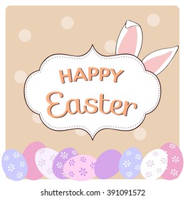 happy easter card, wishes for a happy easter with colored and decorated eggs and funny rabbit ears on polka dot background