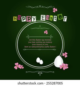 Happy Easter card with wishes, eggs and flowers