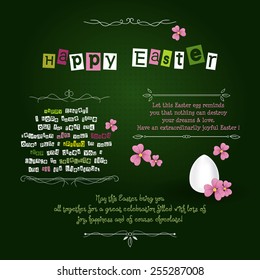 Happy Easter card with wishes, eggs, page decorations and flowers