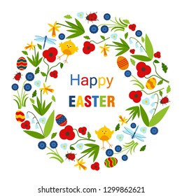 Happy Easter card. Wreath with poppies, eggs, chickens, daffodils, ladybirds. Vector illustration.