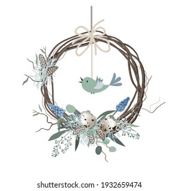 Happy Easter card, wreath in Scandinavian style with colored eggs and bird feathers. Spring decor. Hand drawn vector illustration isolated on white background.
