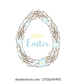 Happy Easter card. Wreath of spring branches with blue flowers, shaped like an egg. On white background.