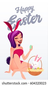 Happy easter card. Young smiling girl wearing bunny ears and holding an easter egg. Vector Illustration
