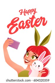 Happy easter card. Young smiling girl wearing bunny ears takes selfie with bunny. Vector Illustration