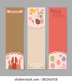 Happy easter cards with Easter bunnies and Easter eggs. Vector illustration.