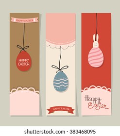 Happy easter cards with Easter bunnies and Easter eggs. Vector illustration.