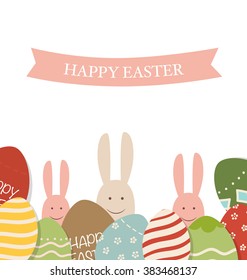 Happy easter cards with Easter bunnies and Easter eggs. Vector illustration.