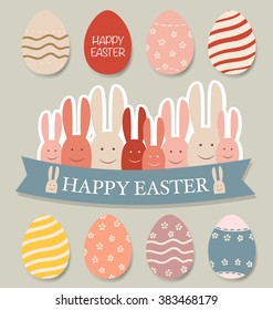 Happy easter cards with Easter bunnies and Easter eggs. Vector illustration.