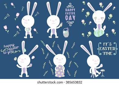 Happy Easter cards with Easter bunnies and Easter eggs. Modern calligraphy. Happy Easter typography background.