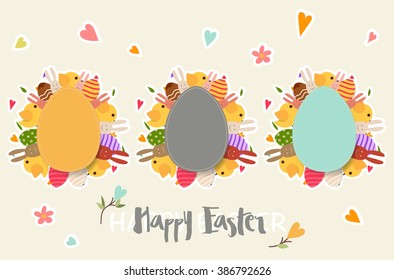 Happy easter cards with Easter bunnies and Easter eggs. Vector illustration.