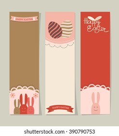 Happy easter cards with Easter bunnies and Easter eggs. Vector illustration.