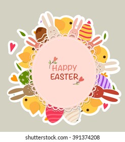 Happy easter cards with Easter bunnies and Easter eggs. Vector illustration.