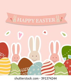 Happy easter cards with Easter bunnies and Easter eggs. Vector illustration.