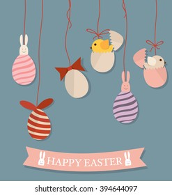 Happy easter cards with Easter bunnies and Easter eggs. Vector illustration.