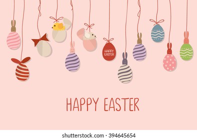 Happy easter cards with Easter bunnies and Easter eggs. Vector illustration.