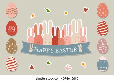Happy easter cards with Easter bunnies and Easter eggs. Vector illustration.