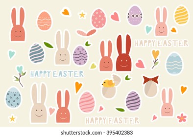Happy easter cards with Easter bunnies and Easter eggs. Vector illustration.