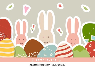 Happy easter cards with Easter bunnies and Easter eggs. Vector illustration.