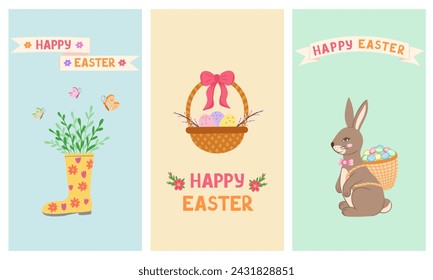 Happy Easter cards, bunny, basket with eggs and boot with flowers. Vector Illustration for printing, backgrounds and packaging. Image can be used for poster and sticker. Isolated on white background.