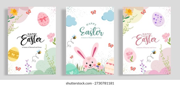 Cartões de Páscoa felizes com coelho, ovos e flores. Coleção de cartões comemorativos de férias da primavera. Banner da primavera.