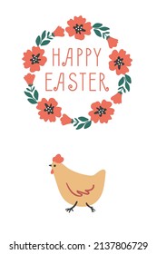 Happy Easter cards with chicken, flowers and text. Vector cute character illustration. Invitation template