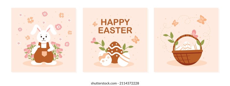 Happy Easter cards. Collection of banners and posters. Set of pictures for website design. Stylish covers. Tradition and religion. Cartoon flat vector illustration isolated on white background