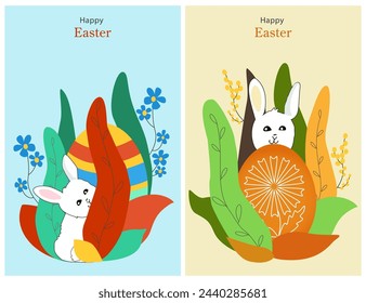 
Happy Easter cards with cute Easter bunny, eggs, spring flowers. Isolated Easter decor elements, vector drawing