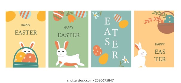 Happy easter cards with cute bunny and colorful eggs.