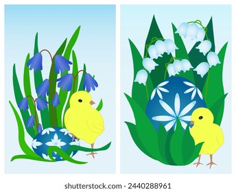 Happy Easter cards with cute chick, eggs, spring flowers. Isolated Easter decor elements, vector drawing