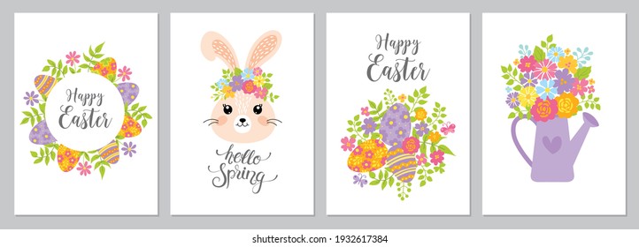 Happy Easter cards with cute rabbit, eggs, floral elements, watering can and typographic design. Spring and Easter greeting templates and invitations. Vector illustration.