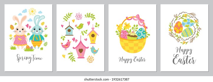 Happy Easter cards with cute  rabbits, birds, bird houses, basket, eggs, floral elements and typographic design. Spring and Easter greeting templates and invitations. Vector illustration.