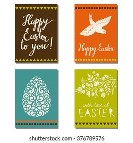Happy Easter cards design set, calligraphic text, lettering. Egg, bird, flowers