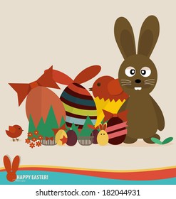 Happy easter cards with easter eggs, cute rabbit, ribbon. Concept holiday spring cartoon collection. Vector illustration.